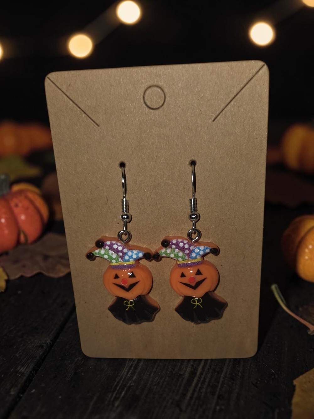 Halloween Pumpkin Jester Dangle Earrings in Orange and Black